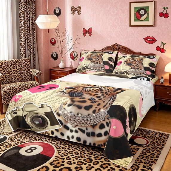 Castle Fairy Leopard Print King Sheets 4pcs, Sport Billiard Bedding, Black Pink Brown,1 Fitted Sheet, 1 Flat Sheet and 2 Pillowcases