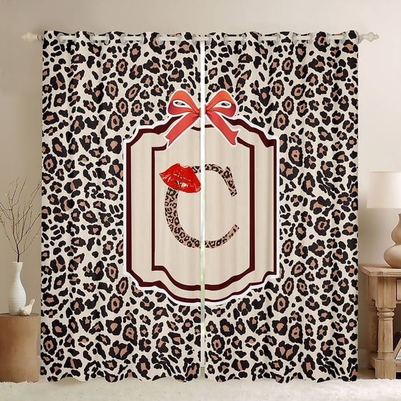Castle Fairy Leopard Print Letter C Black Out Curtains for Adults,Red Bow Design Curtains Pack of 2 (42x63 Each)