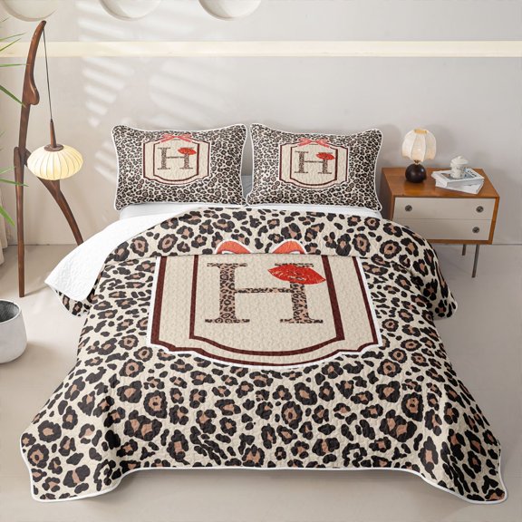 Castle Fairy Leopard Print Letter Initial Quilt Full for Girls,Red Bow Print Full Bedspread Sets