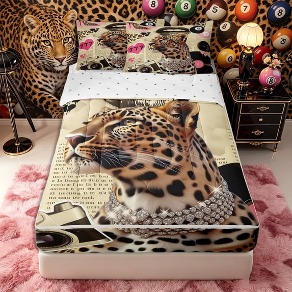 Castle Fairy Leopard Print Zipper Twin Comforter Sets with Fitted Sheet and 2 Pillowcases, Sport Billiard Zipper Bedding Set, Black Pink Brown,4-Piece