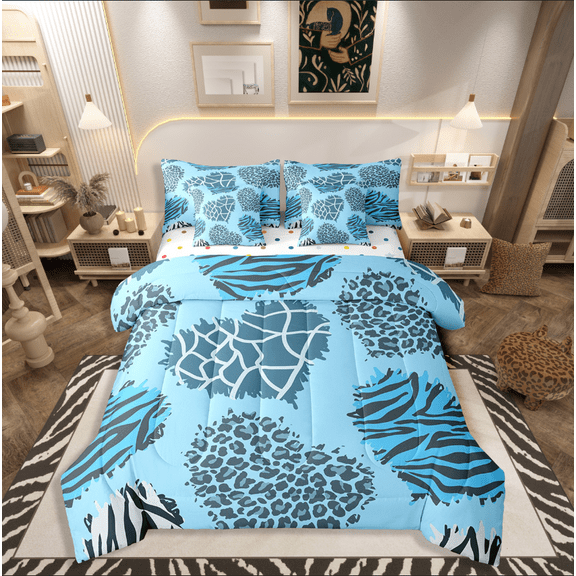 Castle Fairy Leopard Zebra Print 7pcs Bedding Comforter Set for Teenagers,Animal Print Queen Bedding Sets Super Cozy,Love Heart Print Queen Sheet Sets,Super Cozy Room Decor