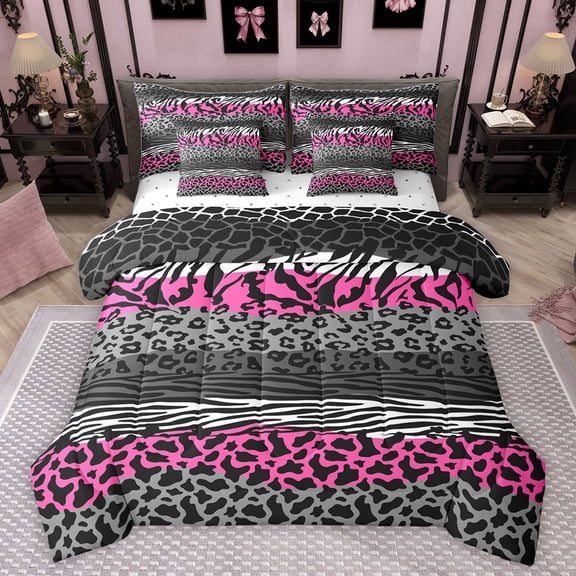 Castle Fairy Leopard Zebra Print Bedding Comforter Set 7-Piece for Boys Girls,Abstract Stripes King Bedding Sets,Animal Print Ultra Soft Bed Sheets,Luxury Bedroom Decor,Reversible