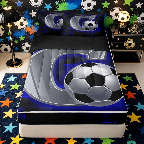 Castle Fairy Letter C Soccer Print Zipper Twin Comforter Sets with Fitted Sheet and 2 Pillowcases, Futuristic Cubes Zipper Bedding Set, Silver Black Blue,4-Piece,Black Reversible