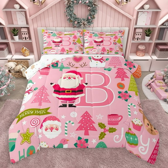 Castle Fairy Letter Monogrammed B Bedding Comforter Set 2pcs for Preppy Child,Christmas Santa Claus Deer Twin Comforter Sets Microfiber,Happy New Year Breathable Bedding Set,Microfiber Bedroom Decor