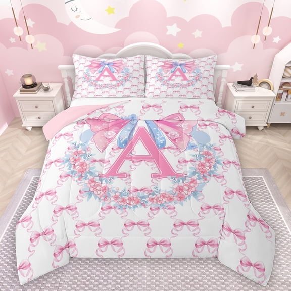 Castle Fairy Letter Monogrammed A Bedding Comforter Set 2pcs for Boys Girls,Kawaii Floral Bow Twin Comforter Sets Microfiber,Dreamy Princess Breathable Bedding Set,Breathable Home Decor,Reversible