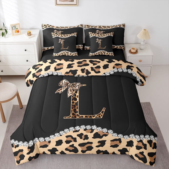 Castle Fairy Letter Monogrammed Bow L Twin Bedding Sets,Leopard Bedding Comforter Set