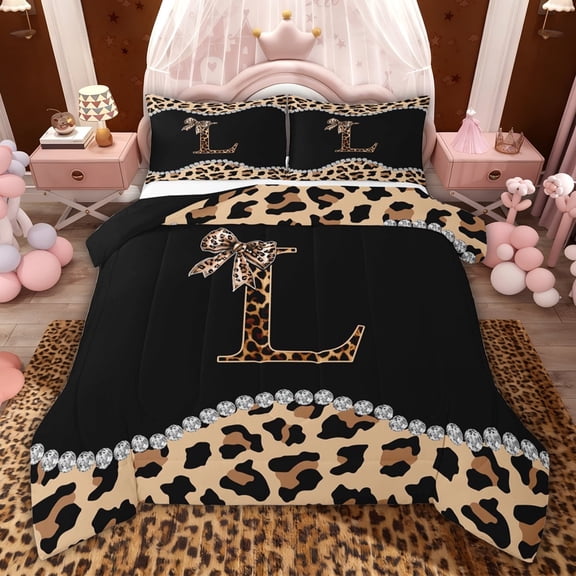 Castle Fairy Letter Monogrammed Bow L Twin Comforter Sets,Leopard Print Bedding Set