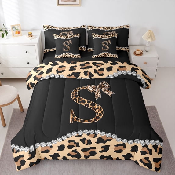 Castle Fairy Letter Monogrammed Bow S Bedding Comforter Set,Leopard Print Full Bedding Set