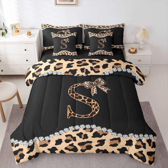 Castle Fairy Letter Monogrammed Bow S Bedding Comforter Set,Leopard Print Full Bedding Set