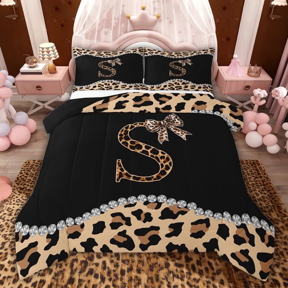 Castle Fairy Letter Monogrammed Bow S Full Size Comforter Sets,Leopard Print Bedding Sets