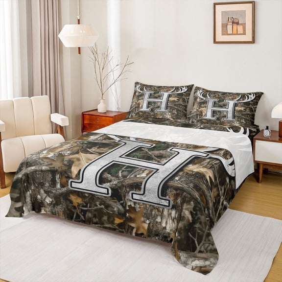 Castle Fairy Letter Monogrammed H Twin Sheet Set 3 Piece, Abstract Woodland Animal Deer Twin Fitted Sheet, Botanical Tree Branches Leaves Flat Sheet