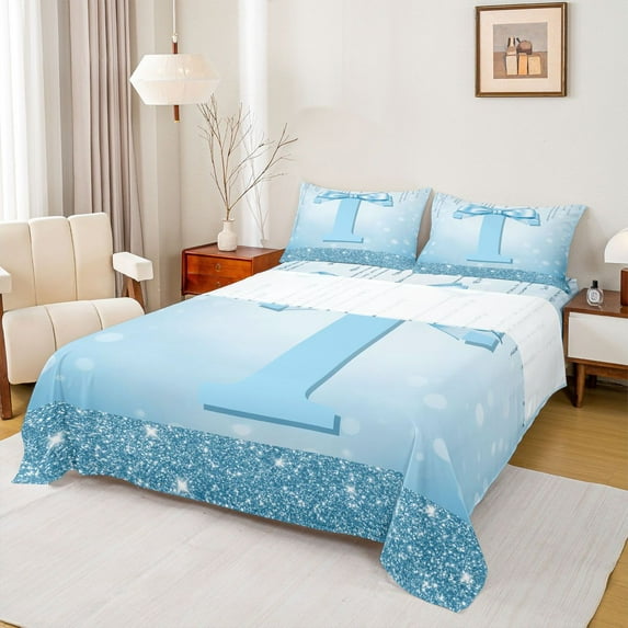 Castle Fairy Letter Monogrammed T Twin Sheet Sets 3pcs for Kids Teens,Dreamy Princess Bow Knot Twin Fitted Sheet Microfiber,Bling Gradient Blue Glitter Breathable Flat Sheet,Microfiber Bedroom Decor