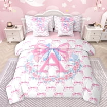 Castle Fairy Letter Monogrammed A Twin Bedding Sets 7-Piece for Boys Girls,Kawaii Floral Bow Bedding Comforter Set Microfiber,Dreamy Princess Breathable Sheet Sets,Breathable Home Decor,Reversible