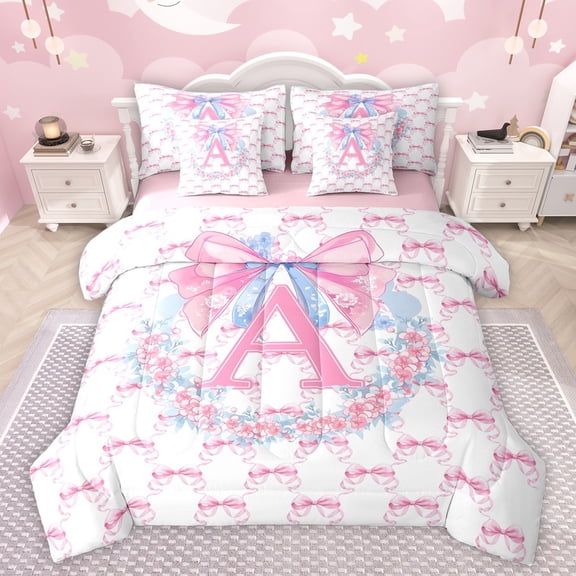 Castle Fairy Letter Monogrammed A Twin Bedding Sets 7-Piece for Boys Girls,Kawaii Floral Bow Bedding Comforter Set Microfiber,Dreamy Princess Breathable Sheet Sets,Breathable Home Decor,Reversible