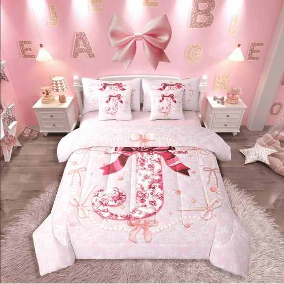 Castle Fairy Letter Personalized 7-Piece Twin Bedding Sets,Bowknot Flower Bedding Comforter Set,Pink Red Breathable Sheet Sets,Lightweight Initial Room Decoration