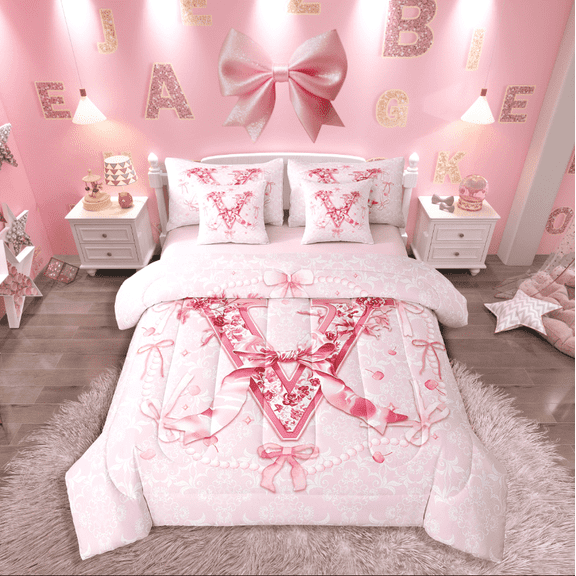 Castle Fairy Letter Personalized 7-Piece Twin Bedding Sets,Bowknot Flower Bedding Comforter Set,Pink Red Breathable Sheet Sets,Lightweight Initial Room Decoration
