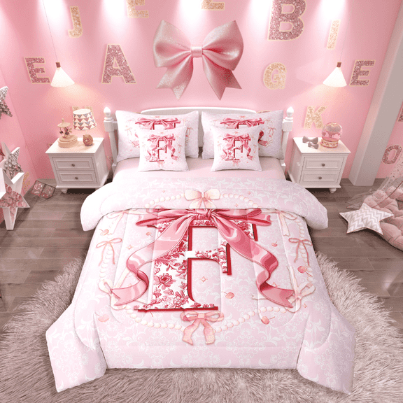 Castle Fairy Letter Personalized 7-Piece Twin Bedding Sets,Bowknot Flower Bedding Comforter Set,Pink Red Breathable Sheet Sets,Lightweight Initial Room Decoration