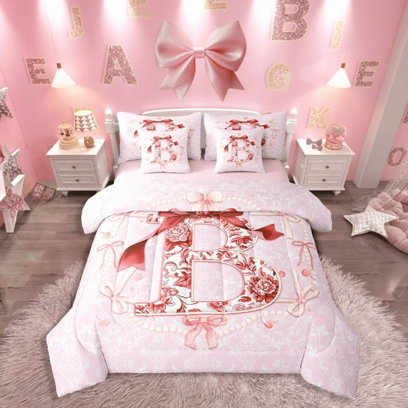 Castle Fairy Letter Personalized 7 Pieces Bedding Comforter Set,Bowknot Flower Full Bedding Set Lightweight,Pink Red Fitted Sheet Flat Sheet,Lightweight Initial Room Decoration