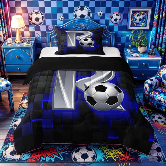 Castle Fairy Letter R Soccer Print Twin Comforter Sets 2pcs, Futuristic Cubes Bedding Set, Silver Black Blue,Black Reversible,1 Comforter and 1 Pillowcase