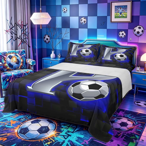 Castle Fairy Letter Soccer Print Bed Sheets 4-Piece, Futuristic Cubes Full Size Sheets, Silver Black Blue,1 Fitted Sheet, 1 Flat Sheet and 2 Pillowcases