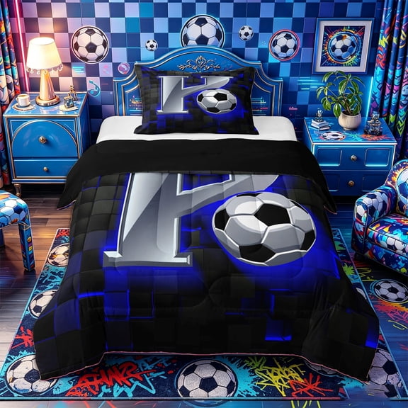 Castle Fairy Letter Soccer Print Twin Comforter Sets 2pcs, Futuristic Cubes Bedding Set, Silver Black Blue,Black Reversible,1 Comforter and 1 Pillowcase