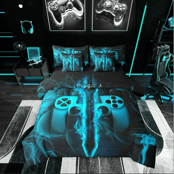Castle Fairy Lightsaber Gamepads Boy 7pcs Bedding Comforter Set,Video Game Queen Bedding Sets Super Cozy,Abstract Gradient Queen Sheet Sets,Luxury Bedroom Decor