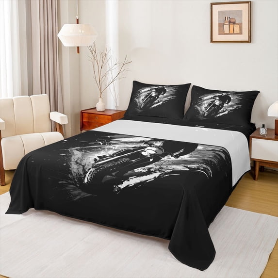 Castle Fairy Line Art Rider Full Size Sheets 4-Piece for Teens, Grunge Overlay Bed Sheets for Bedroom, Charcoal Ivory