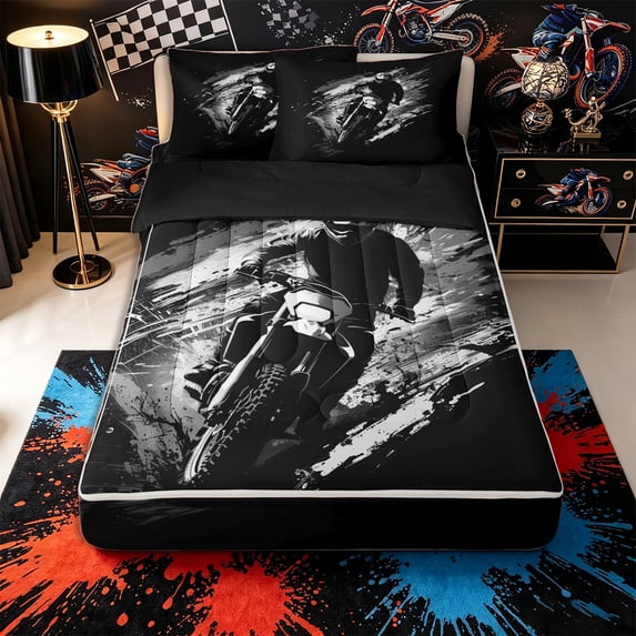 Castle Fairy Line Art Rider Zipper Full Size Comforter Sets with Fitted Sheet and 2 Pillowcases,Grunge Overlay Zipper Bedding Set for Bedroom,Charcoal Ivory,4pcs,Black Reversible