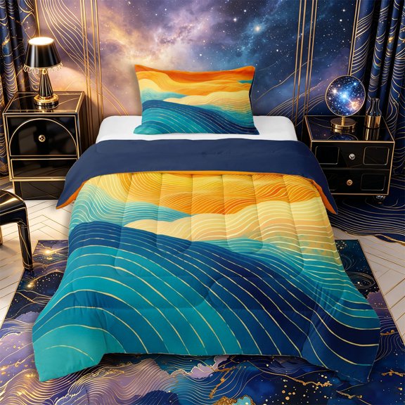 Castle Fairy Line Art Sunset Wave Twin Comforter Sets 2pcs,Gradient Mountain Ocean Abstract Bedding Set,Orange Teal,Navy Blue Reversible,1 Comforter and 1 Pillowcase