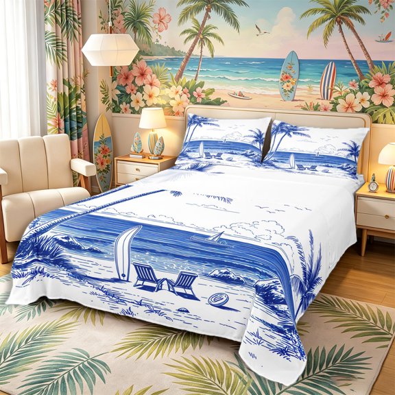 Castle Fairy Line Art Tropical Beach Bed Sheets 4-Piece,Palm Surf Chair Coastal Graphic Full Size Sheets,Navy White,1 Fitted Sheet,1 Flat Sheet and 2 Pillowcases