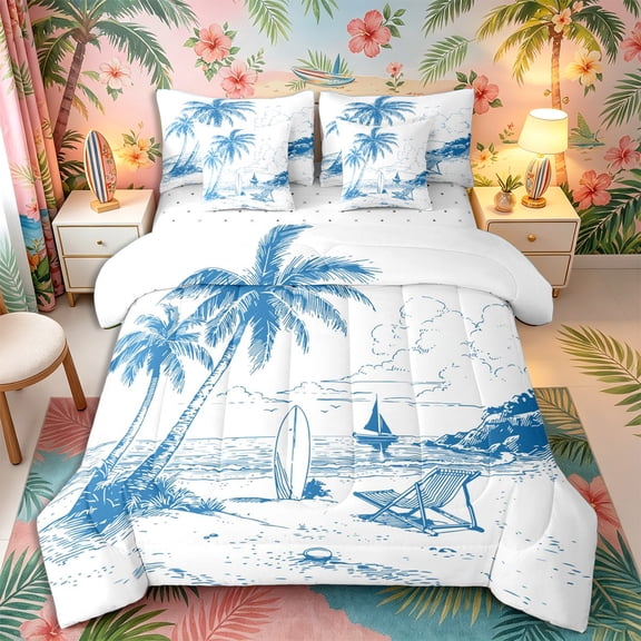 Castle Fairy Line Art Tropical Beach Print Queen Bedding 7pcs,Palm Surfboard Sailboat Coastal Layout Bedding Comforter Set Queen,Blue White,Reversible