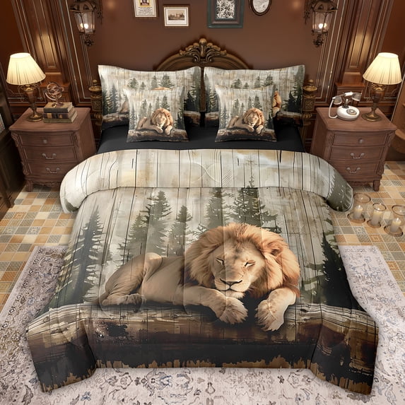 Castle Fairy Lion Wildlife Bedding Comforter Set,Vintage Cabin Lodge Full Bedding Set