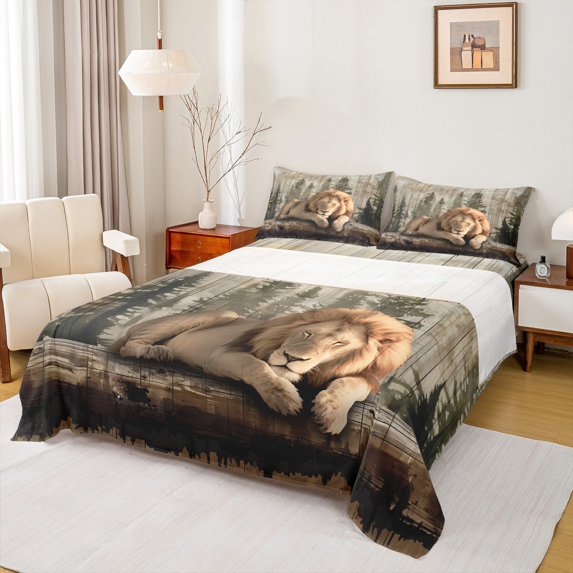 Castle Fairy Lion Wildlife Full Size Sheets for Boys Girls,Vintage Cabin Lodge Bed Sheets
