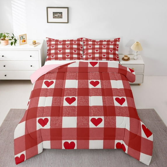 Castle Fairy Love Heart Couple 3 Pieces Queen Comforter Set for Teens Adults,Red White Ultra Soft Bedding Sets,Geometric Plaid Bedding Comforter Set Breathable,Lightweight Room Decor,Reversible