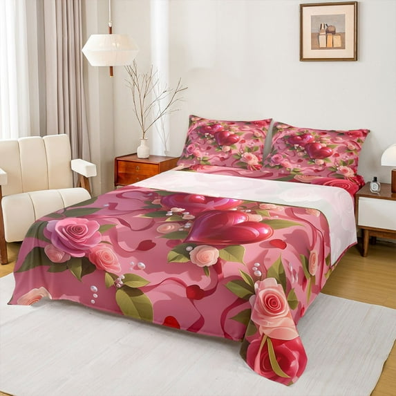 Castle Fairy Love Heart Couple 4pcs Bed Sheets for Teens Adults,Floral Rose King Sheets,Romantic Valentine's Day Super Cozy Sheet Set,Lightweight Room Decor