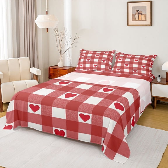 Castle Fairy Love Heart Couple 4pcs Bed Sheets for Teens Adults,Red White King Sheets,Geometric Plaid Super Cozy Sheet Set,Lightweight Room Decor