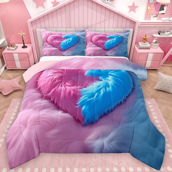 Castle Fairy Love Heart Couple Bedding Comforter Set 2pcs for Teens Adults,Pink Blue Twin Comforter Sets Microfiber,Romantic Valentine's Day Breathable Bedding Set,Lightweight Room Decor,Reversible