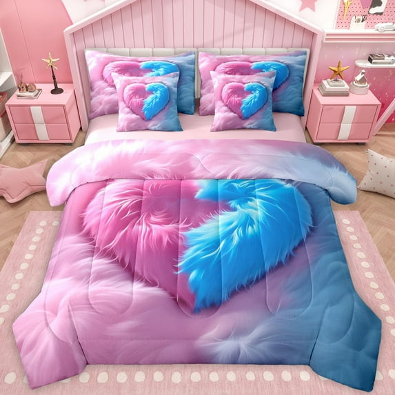 Castle Fairy Love Heart Couple Twin Bedding Sets 7-Piece for Teens Adults,Pink Blue Bedding Comforter Set Microfiber,Romantic Valentine's Day Breathable Sheet Sets,Lightweight Room Decor,Reversible