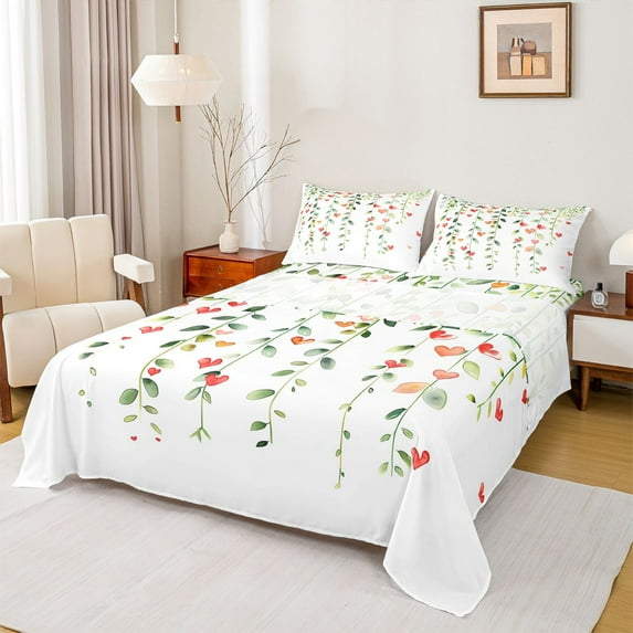 Castle Fairy Love Heart Print 4 Pieces Queen Sheet Sets for Kids Teens Adults,Green Tree Leaves Ultra Soft Flat Sheet,Happy Valentine's Day Queen Fitted Sheet,Luxury Bedroom Decor