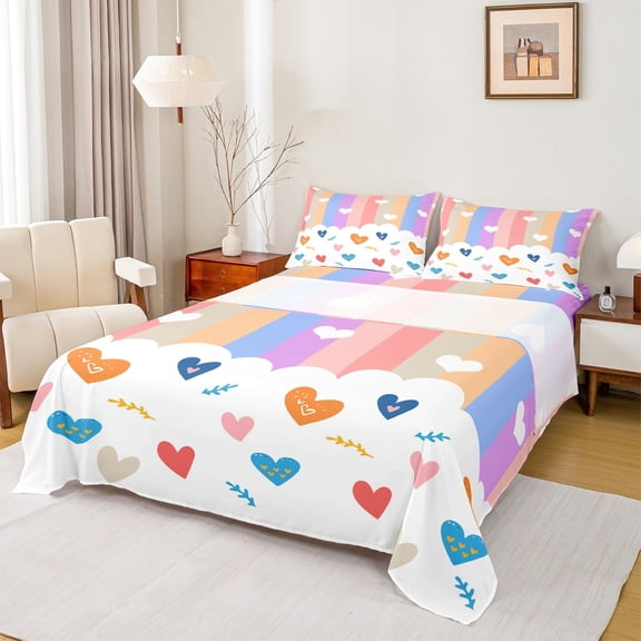 Castle Fairy Love Heart Print 4pcs Bed Sheets,Colorful Stripes King Sheets,Gradient Rainbow Super Cozy Sheet Set,Ultra Soft Geometric Home Decor