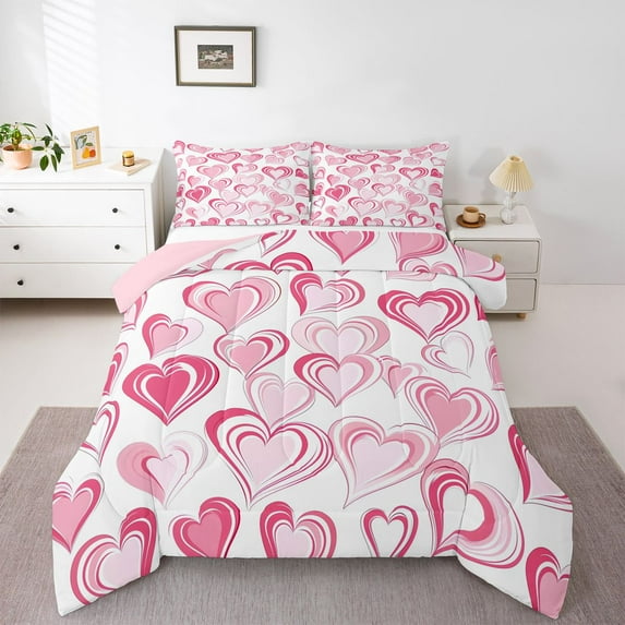 Castle Fairy Love Heart Print Full Size Comforter Sets 3-Piece for Adults Female Men,Abstract Graffiti Stripes Bedding Comforter Set,Happy Valentine's Day Lightweight Bedding Sets