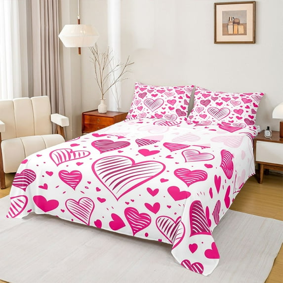 Castle Fairy Love Heart Print Full Size Sheets 4-Piece for Teenagers Female Women,Romantic Valentine's Day Breathable Bed Sheets,Pink Couple Lover Lightweight Sheet Sets,Luxury Bedroom Decor