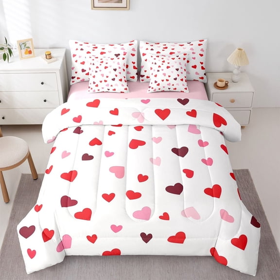 Castle Fairy Love Heart Print Girl Boy Bedding Comforter Set 7-Piece,Happy Valentine's Day King Bedding Sets,Romantic Couple Lover Ultra Soft Bed Sheets,Microfiber Bedroom Decor,Reversible