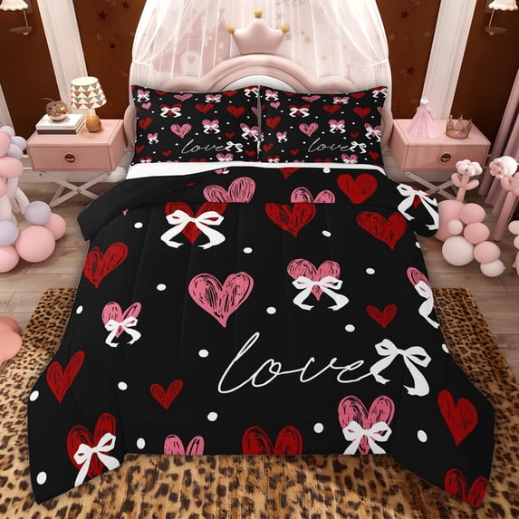 Castle Fairy Love Heart Queen Comforter Set,Valentine's Day Bow Bedding Comforter Set
