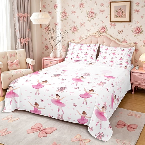 Castle Fairy Lovely Ballerina Girl Bed Sheets 4-Piece,Bow Heart Butterfly Pattern Full Size Sheets,Pink White,1 Fitted Sheet, 1 Flat Sheet and 2 Pillowcases