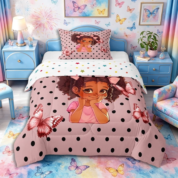 Castle Fairy Lovely Black Girl Butterfly Twin Comforter Sets 2pcs,Polka Dot Bow Design Bedding Set,Pink,1 Comforter and 1 Pillowcase