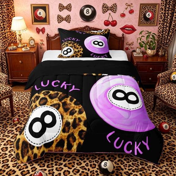 Castle Fairy Lucky 8 Ball Print Twin Comforter Sets 2pcs, Leopard Pattern Bedding Set, Purple Brown Black,Black Reversible,1 Comforter and 1 Pillowcase