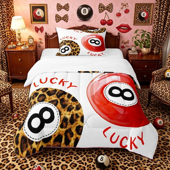 Castle Fairy Lucky 8 Ball Print Twin Comforter Sets 2pcs, Leopard Pattern Bedding Set, Red Brown Black,1 Comforter and 1 Pillowcase