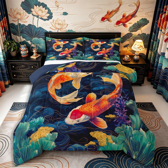 Castle Fairy Luxe Gold Line Koi Carp Queen Comforter Set 3 Pieces,Oriental Lotus Dark Wave Art Comforter Sets Queen,Orange Navy,Navy Blue Reversible,1 Comforter and 2 Pillowcases