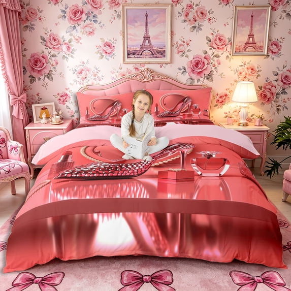Castle Fairy Luxe Perfume Print Bedding,Glitter Heels Pattern Duvet Cover Full,Rose Gold,Pink Reversible,1 Duvet Cover and 2 Pillowcases